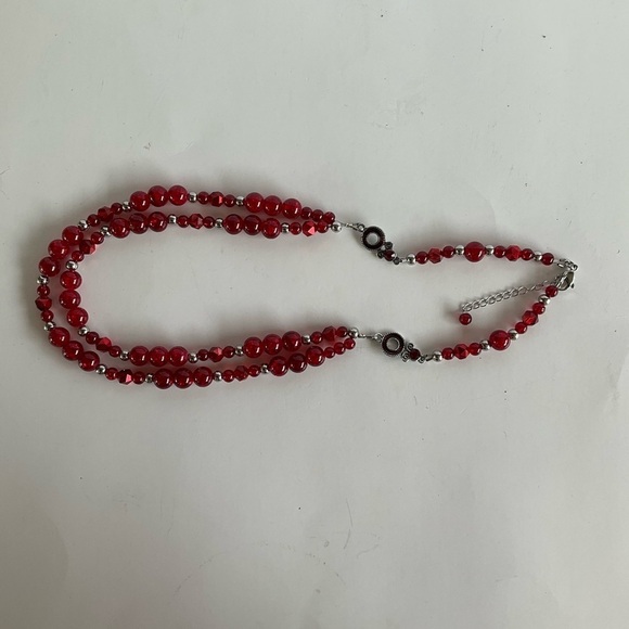 Hand Crafted Necklace & Dangle Earrings Set Fire Red Silver Beads Double Strand - Picture 5 of 7